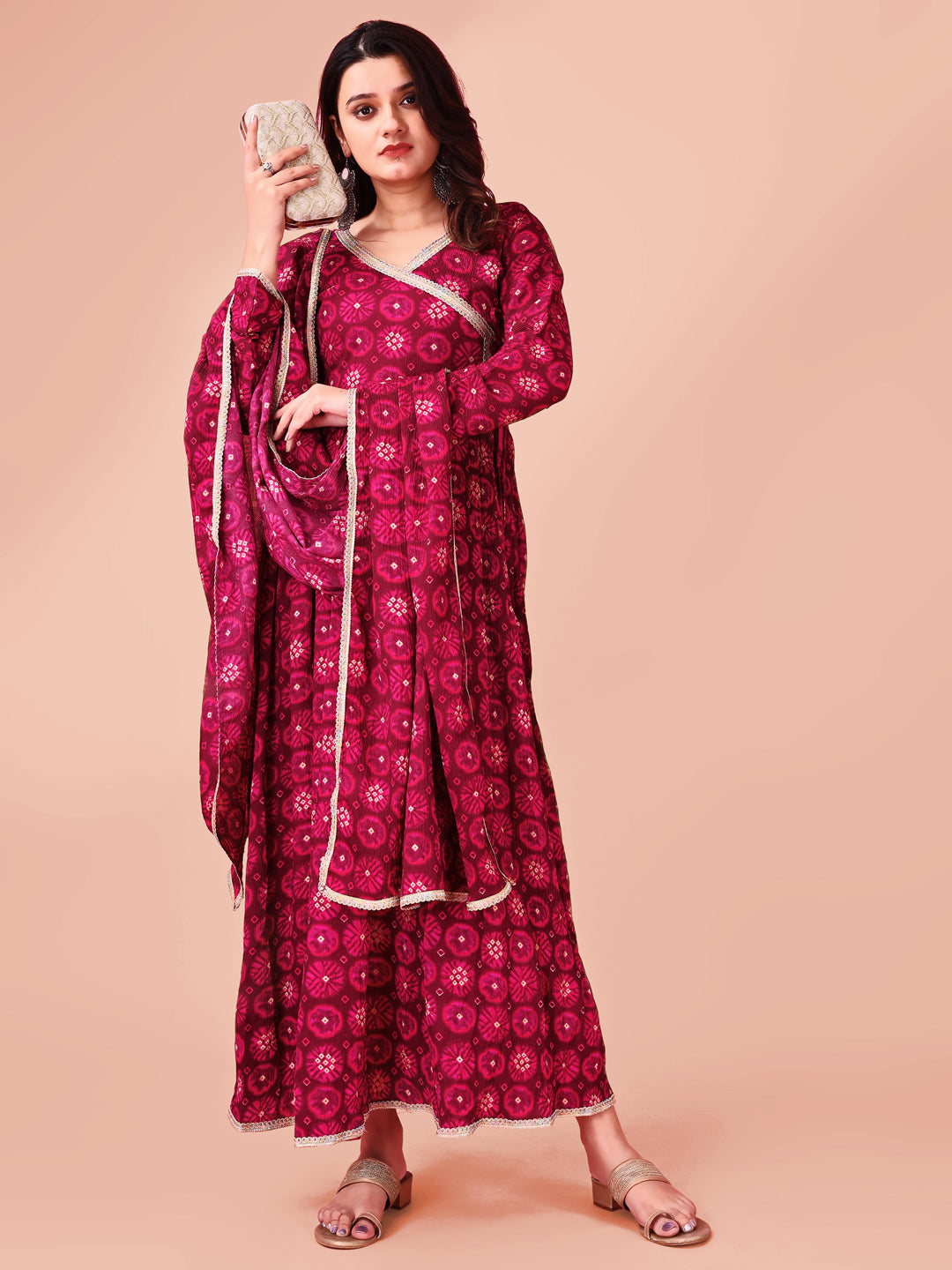 Woman angrakha cut  printed kurti- dupatta