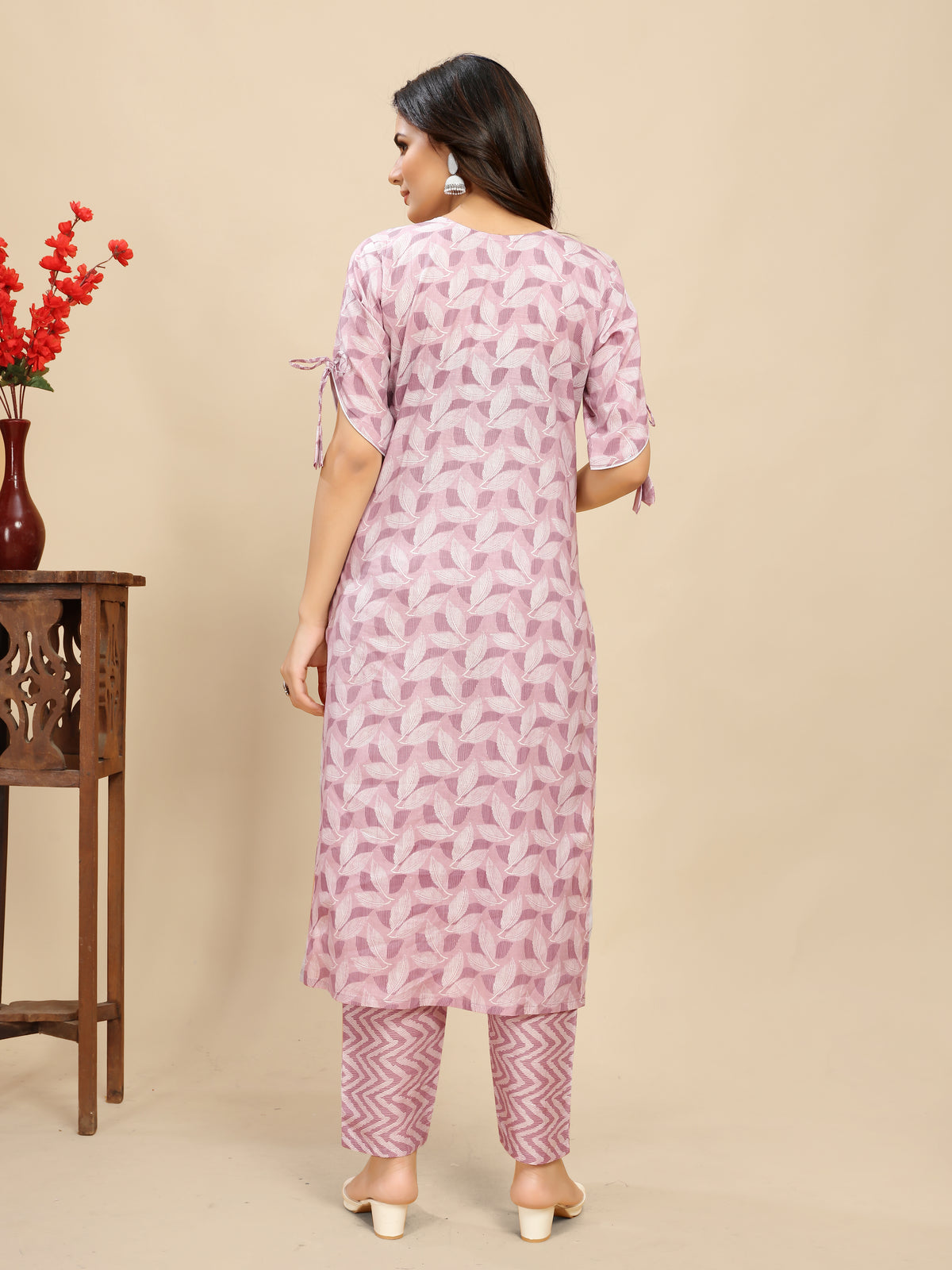 Pink pure Cotton leaf Printed Kurta Trouser set