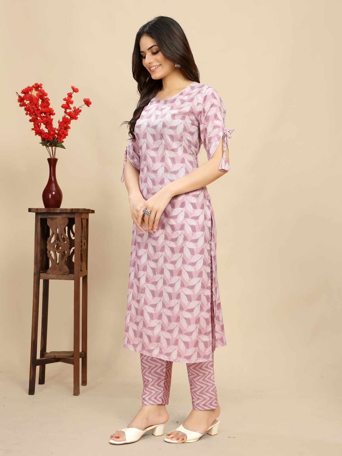 Pink pure Cotton leaf Printed Kurta Trouser set