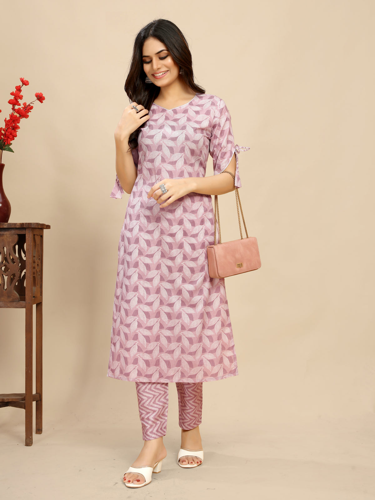 Pink pure Cotton leaf Printed Kurta Trouser set