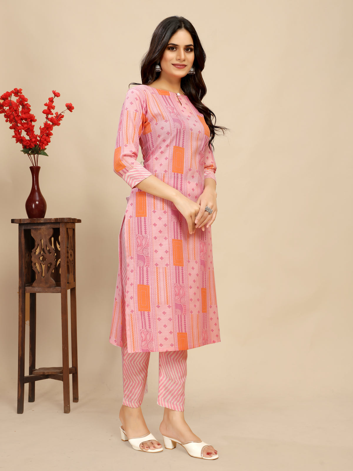 Pink Cotton Floral Block Printed Kurti pair