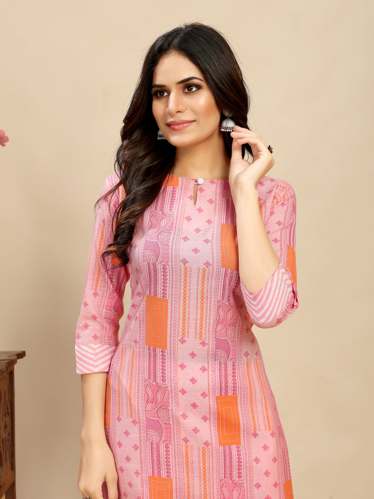 Pink Cotton Floral Block Printed Kurti pair