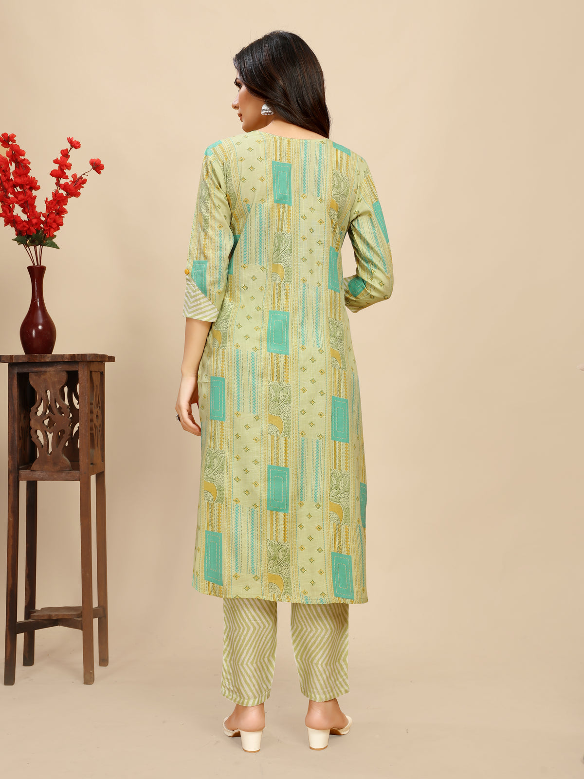 Green Cotton Floral Block Printed Kurti pair