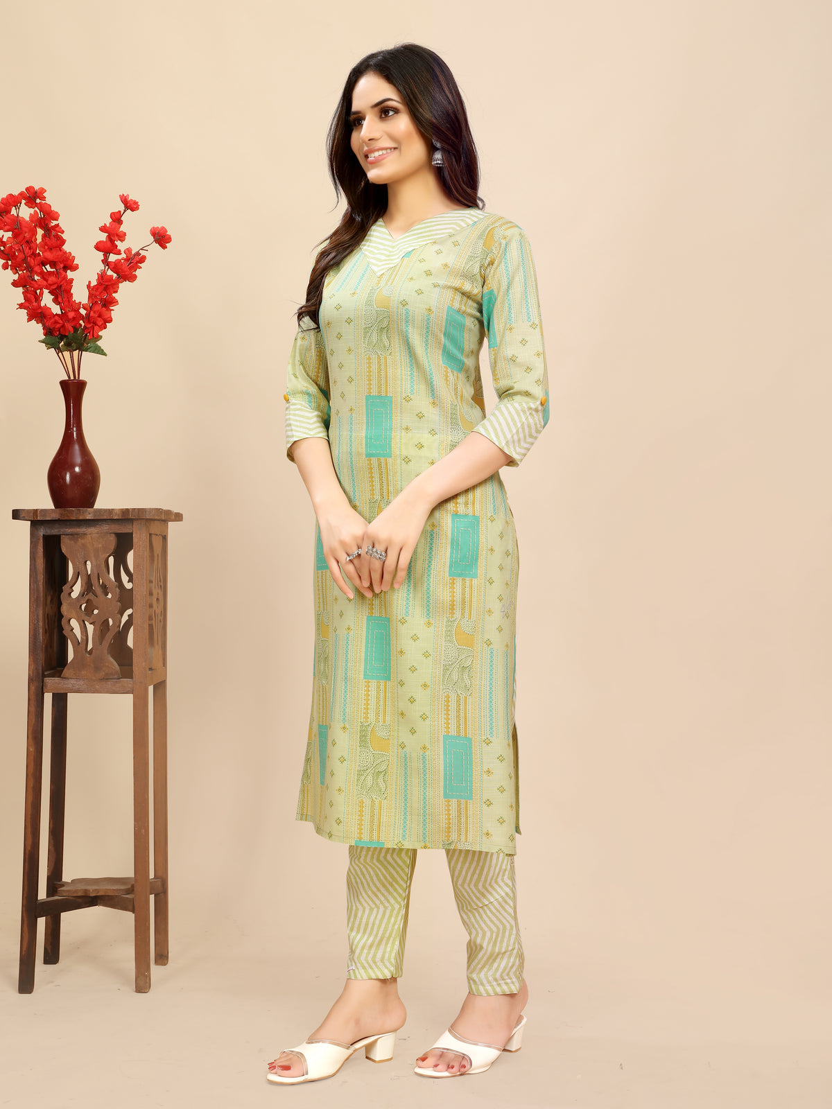 Green Cotton Floral Block Printed Kurti pair