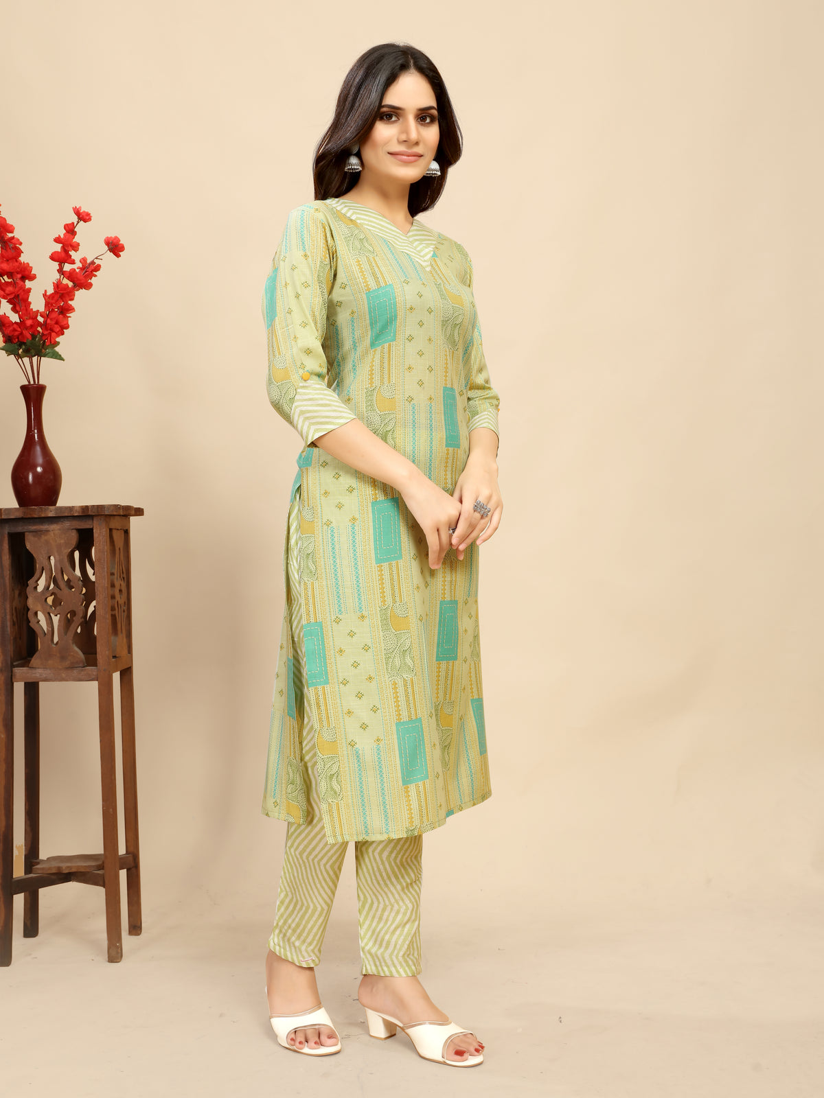 Green Cotton Floral Block Printed Kurti pair