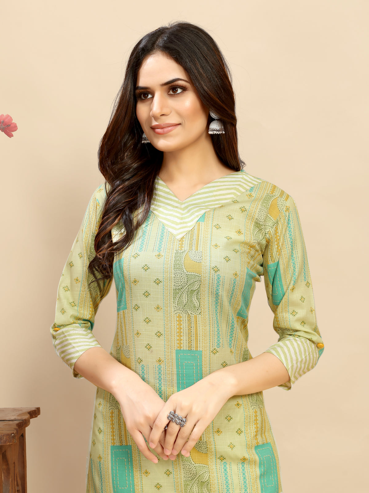 Green Cotton Floral Block Printed Kurti pair