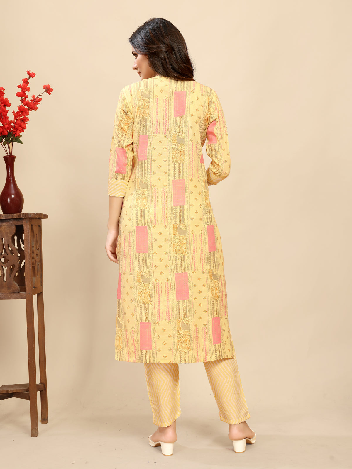 Yellow Cotton Floral Block Printed Kurti pair