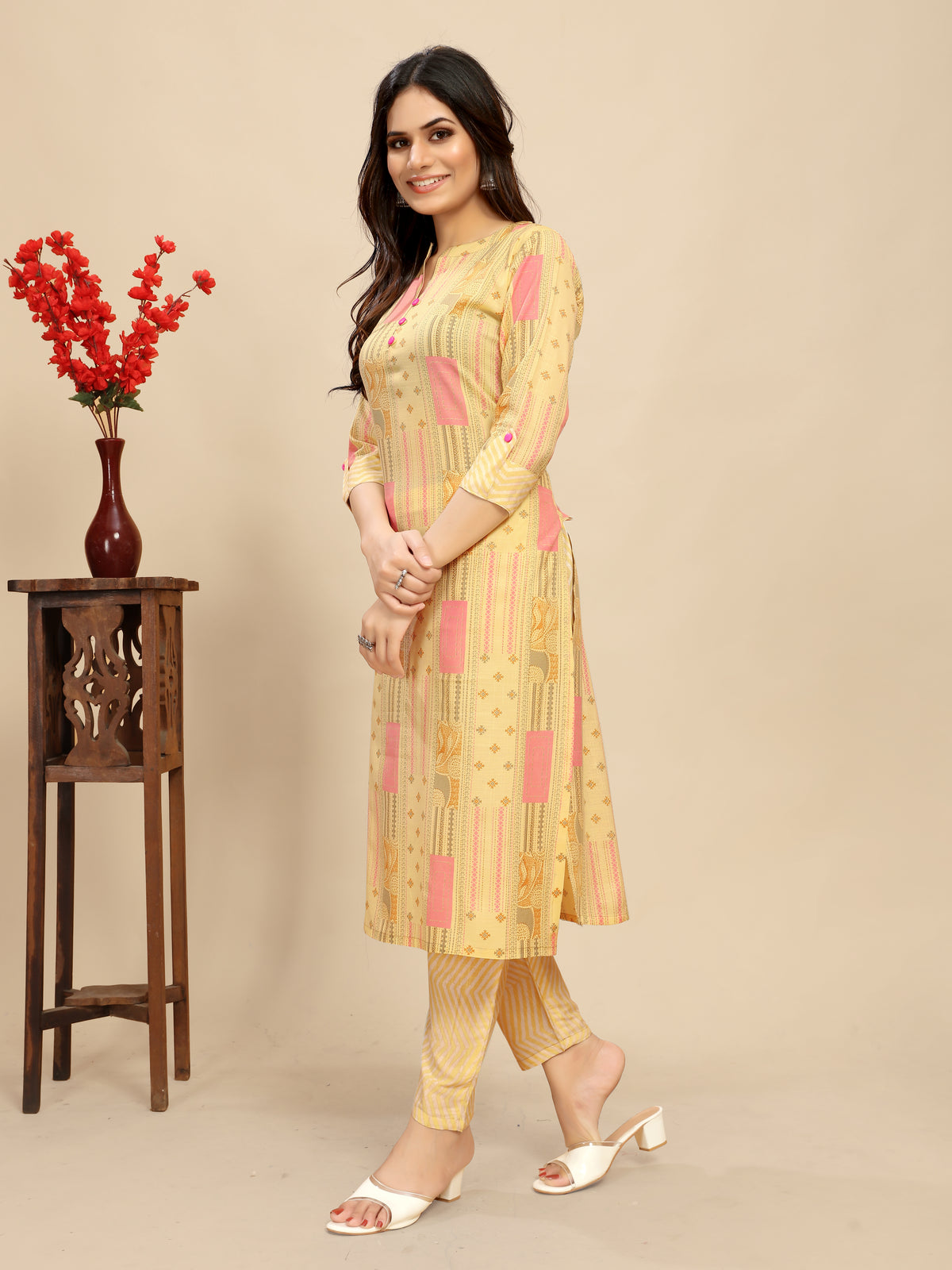 Yellow Cotton Floral Block Printed Kurti pair