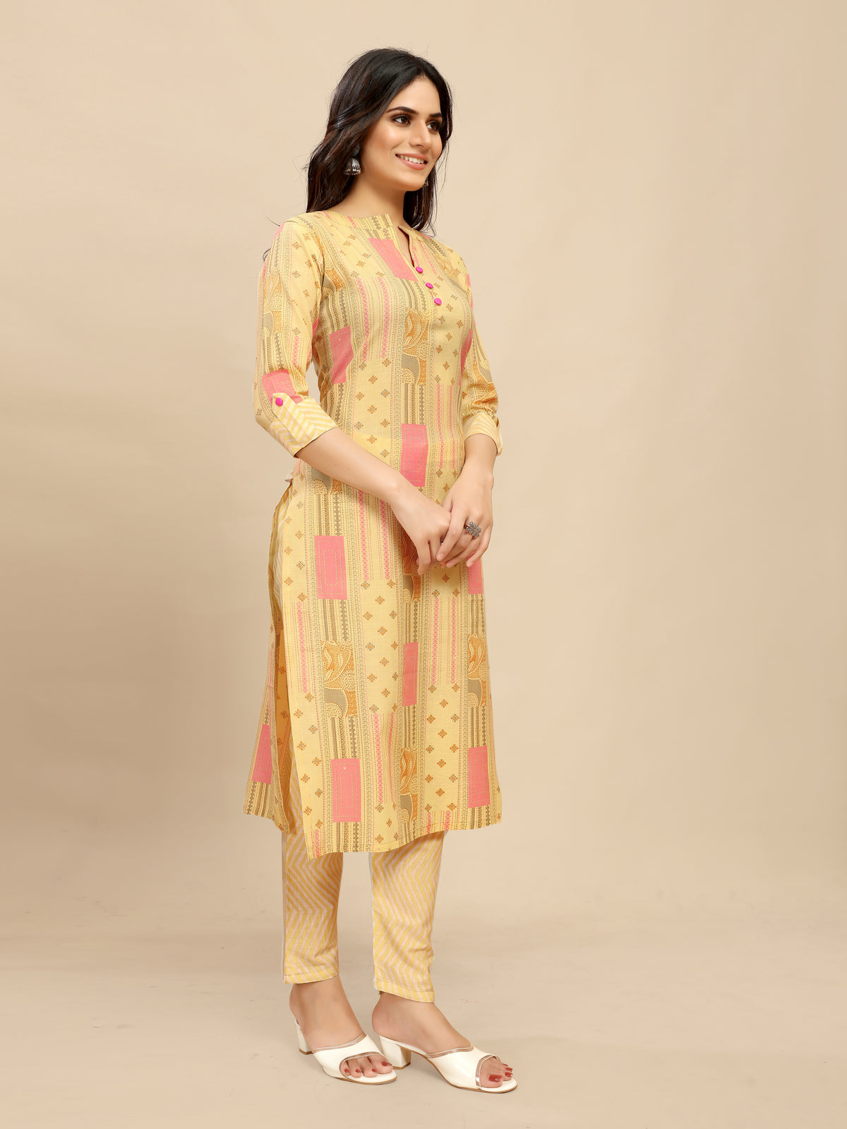 Yellow Cotton Floral Block Printed Kurti pair