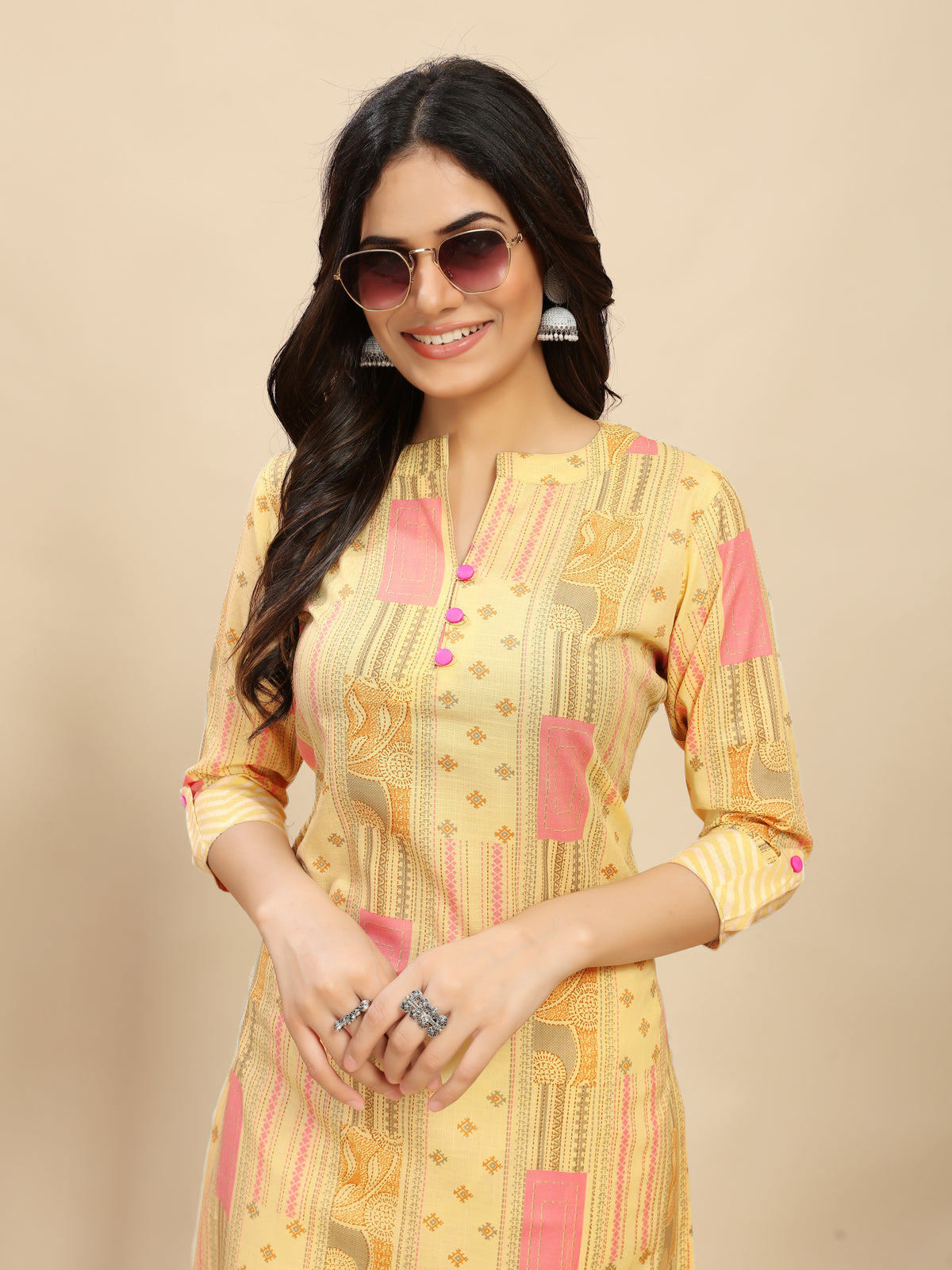 Yellow Cotton Floral Block Printed Kurti pair