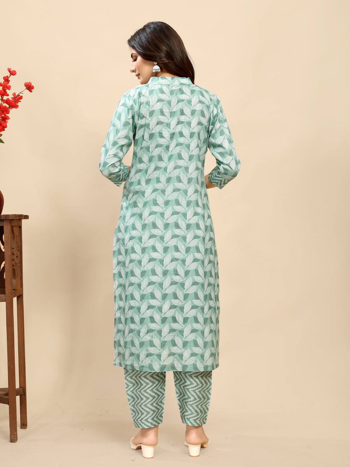 Light blue pure Cotton leaf Printed Kurta Trouser set