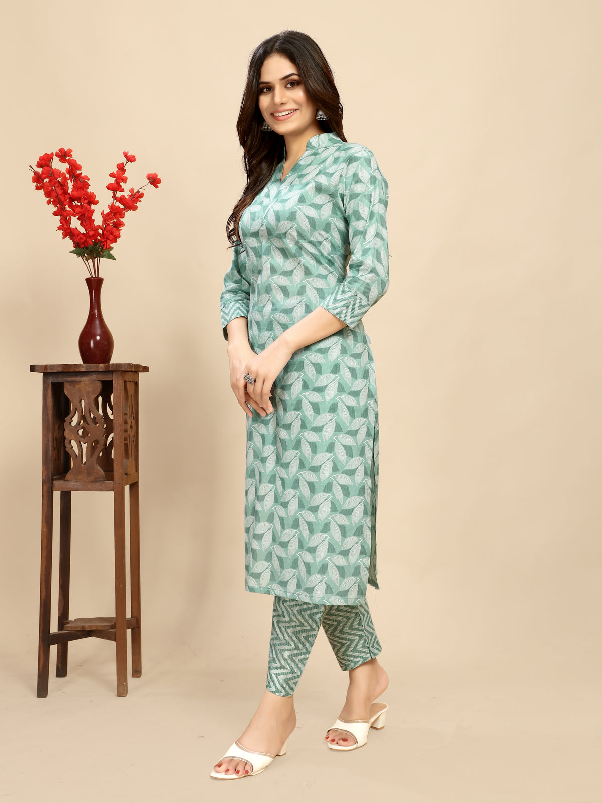 Light blue pure Cotton leaf Printed Kurta Trouser set