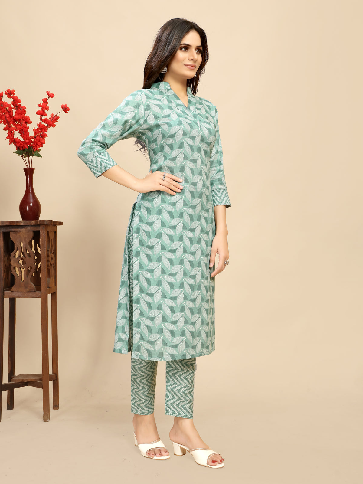 Light blue pure Cotton leaf Printed Kurta Trouser set