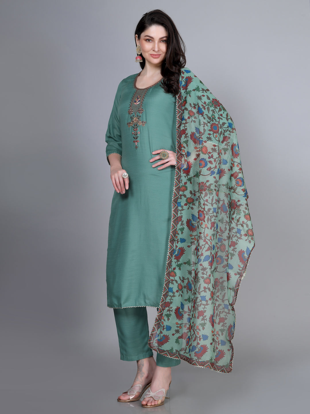 Laxis Embroidered Printed Kurta Pant With Dupatta Set