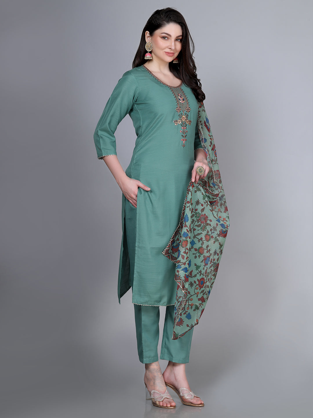 Laxis Embroidered Printed Kurta Pant With Dupatta Set