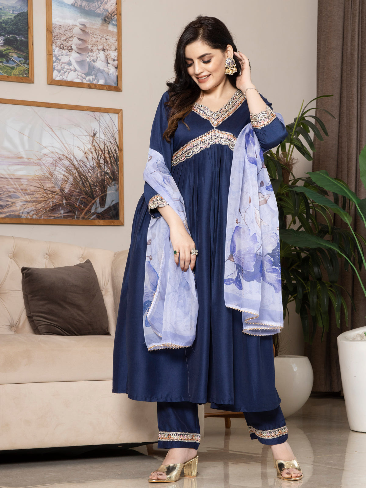 Laxis Embroidered Kurti Frock with Palazzo Pant & Dupatta