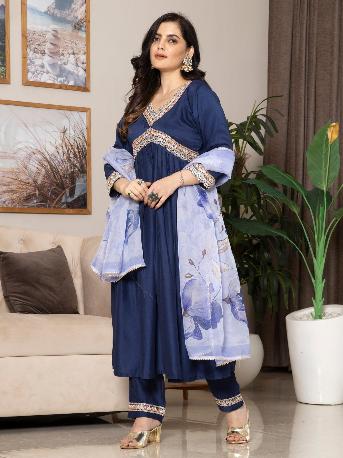 Laxis Embroidered Kurti Frock with Palazzo Pant & Dupatta