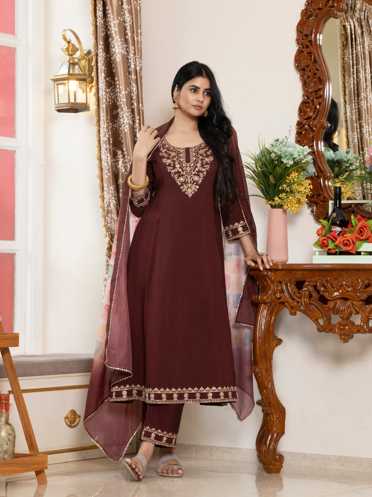 Laxis Roman Silk A-Line Kurta with Bottom and Dupatta