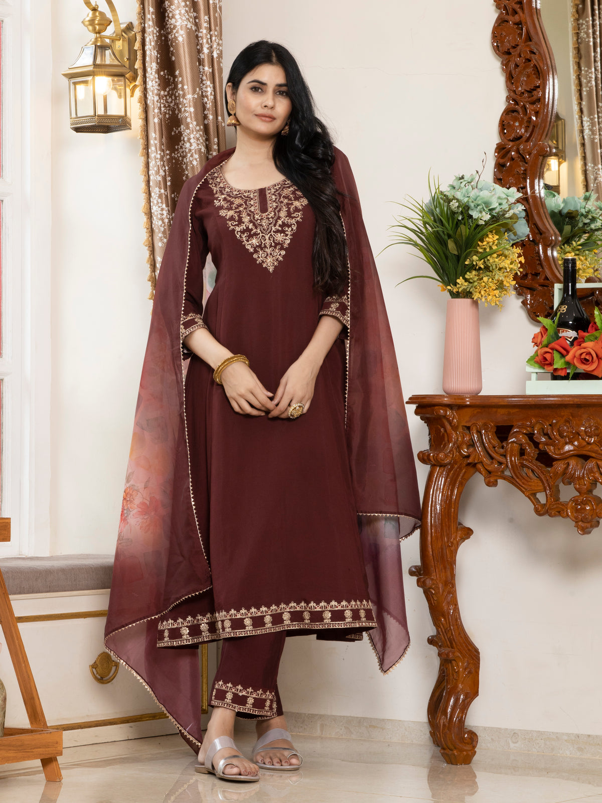 Laxis Roman Silk A-Line Kurta with Bottom and Dupatta