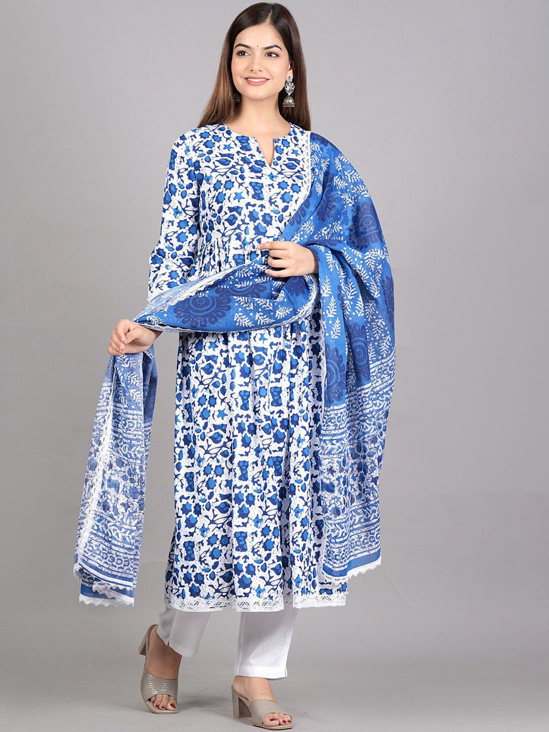 Blue Rayon Cotton Anarkali Kurti set