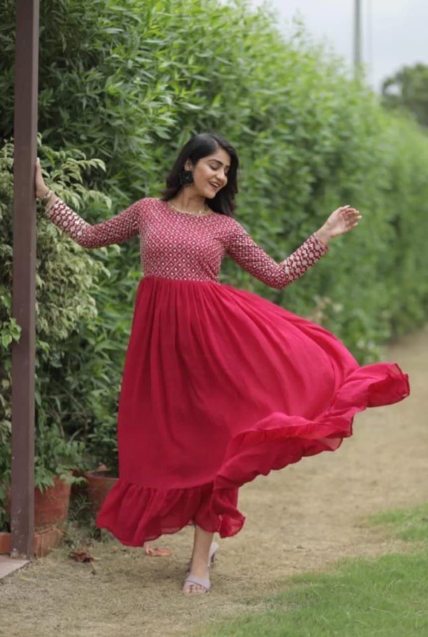 Elegant Pink Embroidered georgette Anarkali Gown